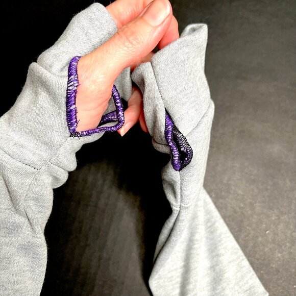 Gray Elbow Length Fingerless Gloves Purple Arm Warmers Thumb Holes Socks Texting - Picture 9 of 10